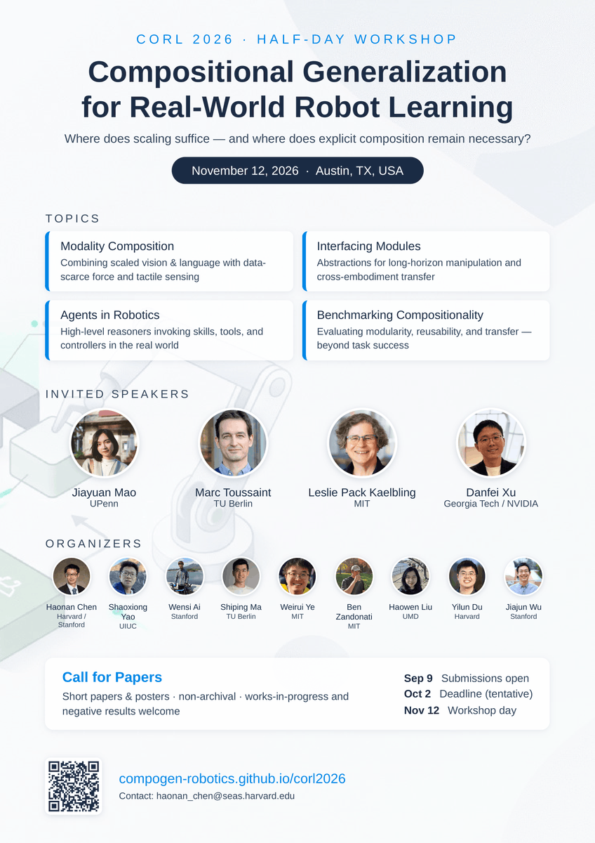 HaonanChen_'s tweet photo. Excited to be organizing the Compositional Generalization for Real-World Robot Learning workshop at CoRL 2026!

We’re looking forward to bringing together researchers working on compositionality, generalization, and real-world robot learning.

Please consider submitting your work and joining us at CoRL 2026!

https://t.co/pDOuOckGcz

Co-organized with @ShaoxiongYao, @wensi_ai, Shipping Ma, @Weirui_Ye, @benzandonati, @HaowenLiu, @du_yilun, @jiajunwu_cs