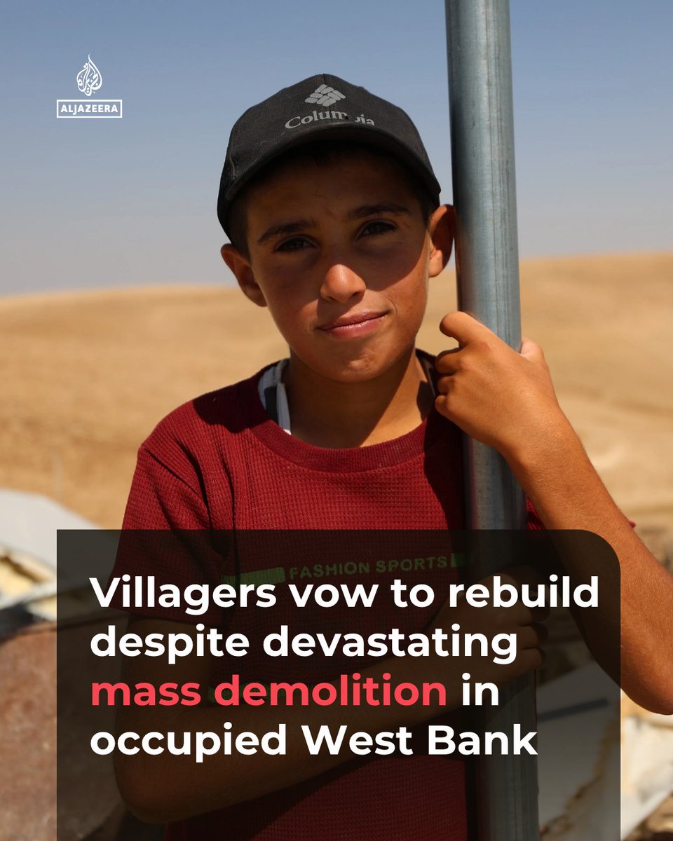 AJEnglish's tweet photo. Israeli forces’ demolition of 12 homes, leaving 70 people homeless in Khirbet al-Tabban in the occupied West Bank, leaves villagers determined to stand firm on their land. 

Why don't the villagers leave, and what does the land mean to them? https://t.co/WAKP4GmJZV https://t.co/88CZvupyCv