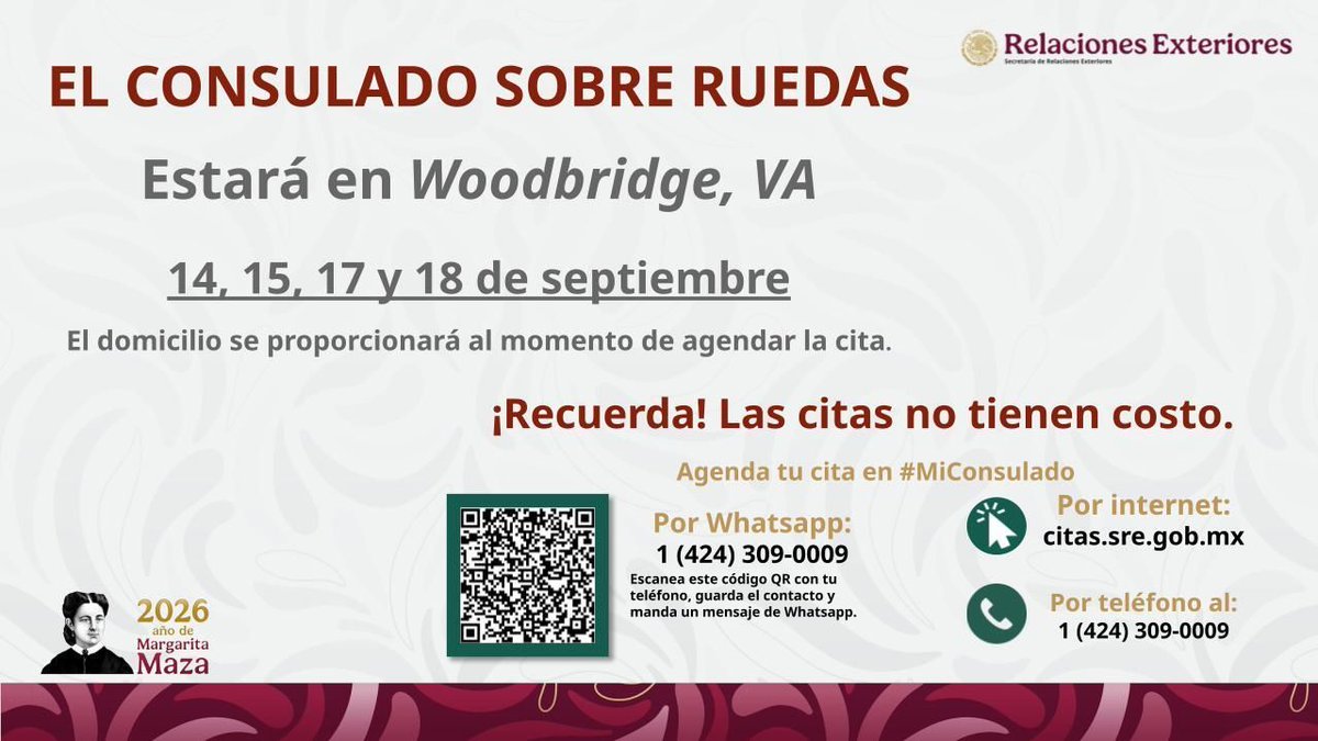 ConsulMexWas's tweet photo. 🚐🇲🇽 ¡Consulado Sobre Ruedas llega a Woodbridge, Virginia! 🇲🇽🚐

📢 ¡Agenda tu cita!

Durante esta jornada podrás realizar los siguientes trámites:

🛂 Pasaporte mexicano
🪪 Matrícula Consular
🗳️ Credencial para Votar (INE)

🇲🇽 ¡Realiza tus trámites consulares más cerca de casa! https://t.co/lWkWBkpnQw