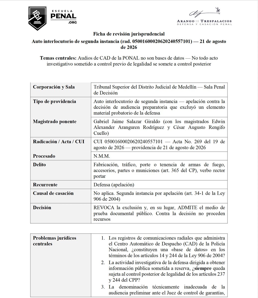 andresarango10's tweet photo. TSM, Sala Penal. Auto 21 ago. 2026. Rad. 05001600020620240557101

⚖️ ¿ Todo procedimiento sometido a control previo necesariamente debe someterse a control de legalidad posterior?  El Tribunal Superior de Medellín responde que no necesariamente. 

Adicionalmente: 

1️⃣ Los audios del CAD de la Policía Nacional no son una «base de datos» y la autorización judicial obtenida por la defensa conforme al art. 125.9 del CPP no exige control posterior.

2️⃣ Facultades investigativas de la defensa y aplicación del artículo 125.9 del CPP y sentencia C-186 de 2008.

3️⃣ No toda actuación sometida a control judicial previo exige control posterior.

4️⃣ La denominación errónea de la diligencia no altera su naturaleza jurídica ni determina la ilicitud de la prueba.

5️⃣ Prevalencia de lo sustancial sobre lo formal en aplicación de la regla de exclusión

Ficha completa de revisión jurisprudencial en el siguiente enlace: {https://t.co/VX478641rQ}