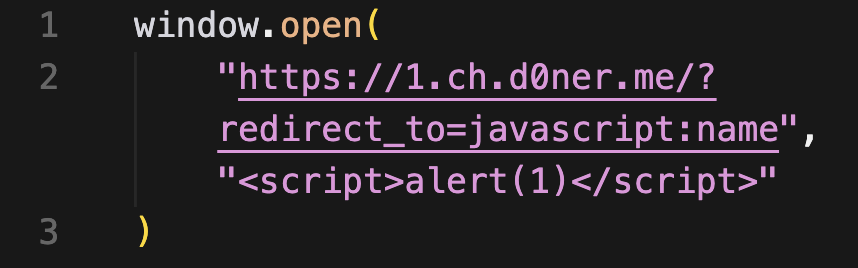rumiljonov's tweet photo. Challenge 1: https://t.co/P5VTk7Q6lK

The page contains a script that:
1. Takes the redirect_to GET parameter
2. If it’s 15 characters or shorter, assigns it to window.location.href

The javascript: scheme already takes 11 characters, which leaves only 4 characters for the actual payload.

What can we send in there that returns a string with malicious HTML?

...the name of the window. 

This can be set cross-origin (via https://t.co/5RhuEoFl8V) and is accessible as the global name variable.