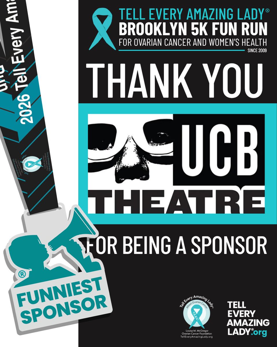 TEALWALK's tweet photo. UCB Theater (https://t.co/JdJDANVM3K) is a sponsor for our Tell Every Amazing Lady® Brooklyn 5K Fun Run! There’s still time to register for our event on Saturday, September 12th in Prospect Park. When you do, you’ll gain access to a discount code to a UCB show! So join us to run for a cause and then go laugh at some of New York City’s best comedians. Register at https://t.co/2g2Qnwho1p 

#TellEveryAmazingLady #5k #UCB #KnowOvarian #OvarianCancerAwarenessMonth #prospectpark
