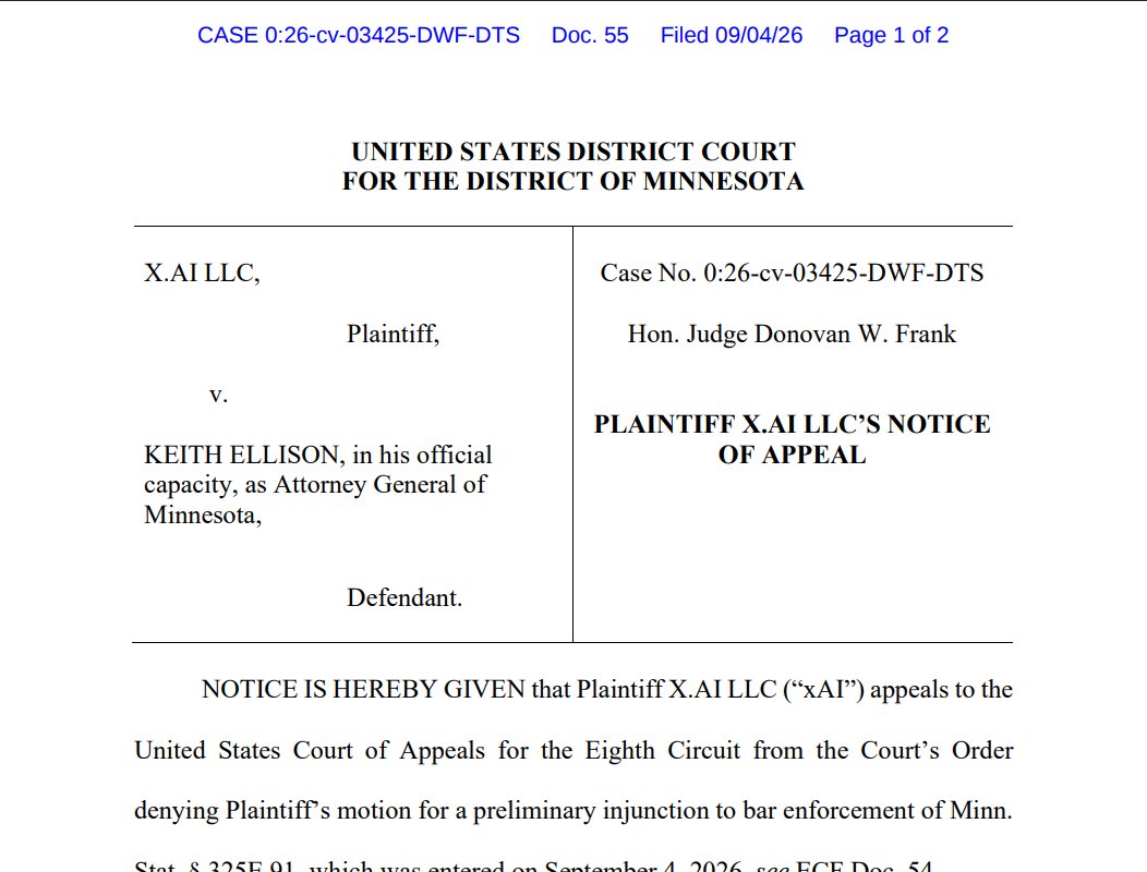 JaneBColeman's tweet photo. UPDATE on the update: https://t.co/QGbHTO6qk1 will appeal Judge Frank's decision denying its bid to block Minnesota's "AI-Nudification" ban. 🍿 https://t.co/SAZcEJEEg7