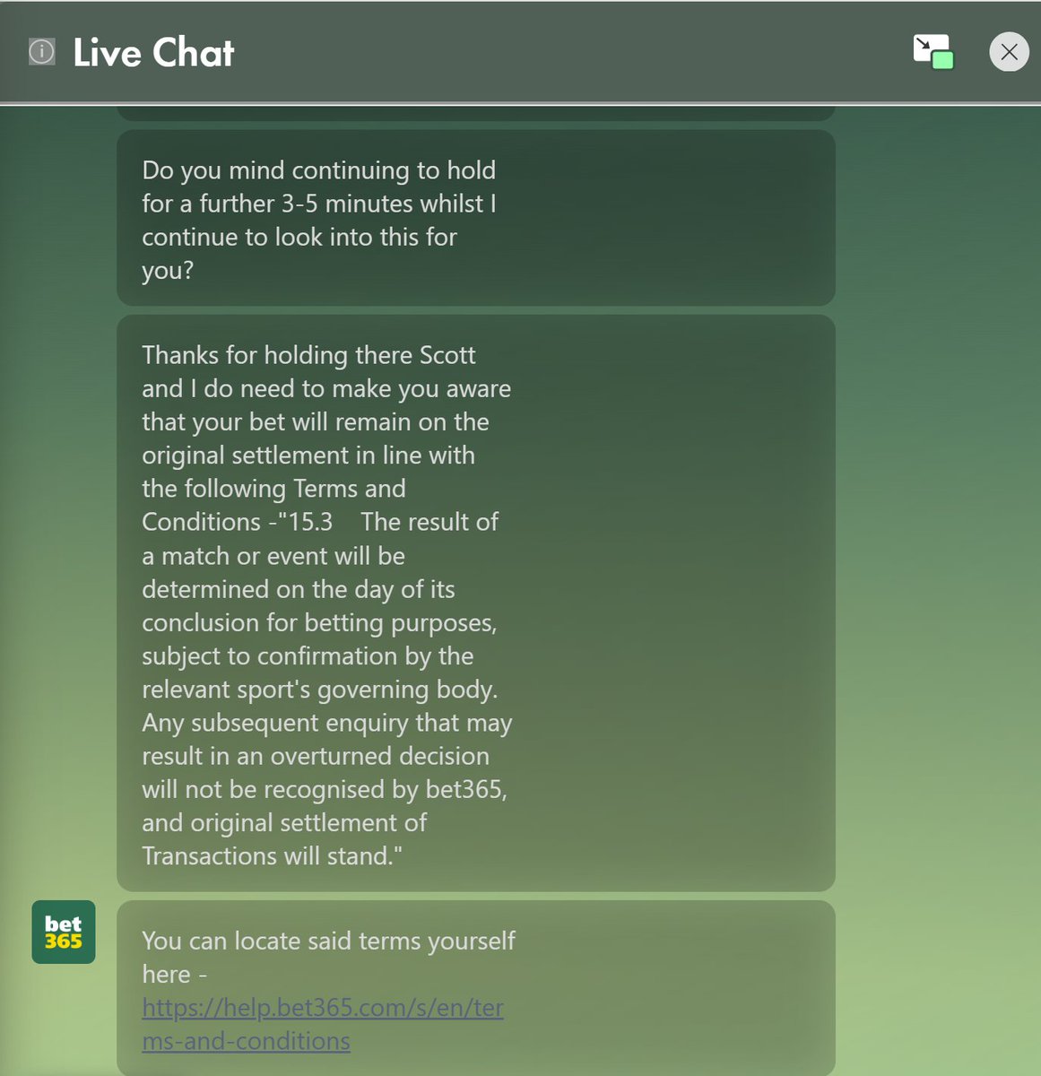 FergusConstable's tweet photo. @bet365help Your own "How is my bet settled?" Opta FAQ also specifically states that Opta may correct or adjust statistics after a match and that any reversals or amendments from Opta will be reviewed by your Trading Team. and someone else got paid out? https://t.co/bDefcFt3Q2