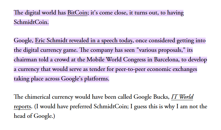 Palunians's tweet photo. Similar to Amazon, Google had the plans to release their own version of Bitcoin called Google Bucks back in 2012. There's also an image of what the coin would look like.
https://t.co/yIvBpq6Zgt https://t.co/CHfOpnQixH