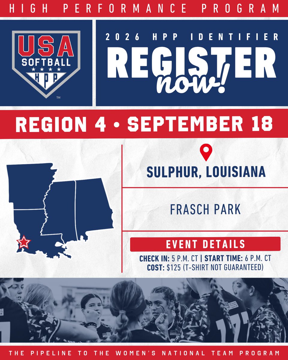USASoftball's tweet photo. 🚨 𝐃𝐨𝐧’𝐭 𝐰𝐚𝐢𝐭!

Early registration for the upcoming 𝗥𝗲𝗴𝗶𝗼𝗻 𝟰 #HPP Identifier in Sulphur, LA closes 𝒔𝒐𝒐𝒏!

Lock in your spot today 👇
🔗 https://t.co/OYv1PwqNAJ https://t.co/oHdptLLBDR