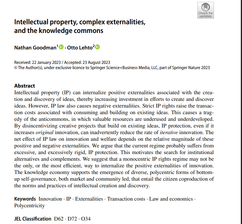 NathanPGoodman's tweet photo. @AstitwaKeshav @reason @mercatus @SatyaMarar @EFF This paper with @Otto_Lehto in @_PublicChoice  gives the clearest articulation of my view on the tradeoffs associated with various levels of IP protection and alternative institutional arrangements for promoting innovation: https://t.co/f2xPc4pNR6 https://t.co/ofBDllJQ64