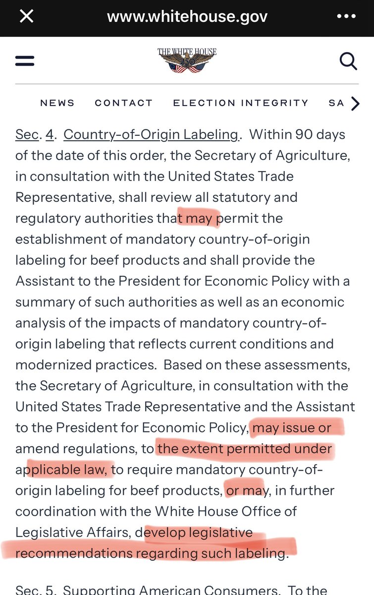 RepThomasMassie's tweet photo. Contrary to rumors, Trump’s Executive Order issued today does NOT implement Mandatory Country of Origin Labeling for beef. They’re going to study the problem until AFTER the election, and then they MAY do something about it, IF the law allows them (it does not). https://t.co/zzjKTJpVMk