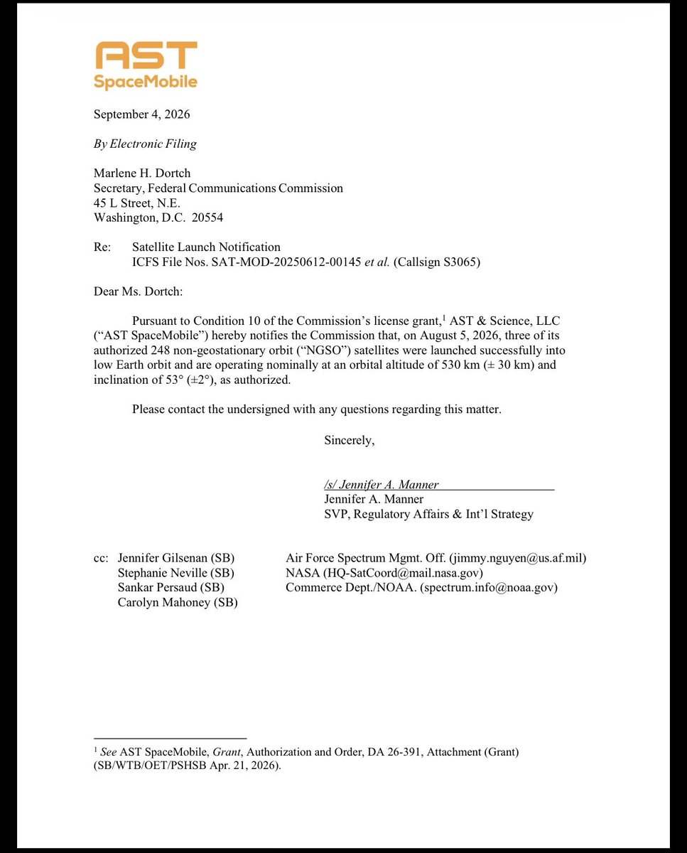 The_SPACTATOR's tweet photo. $ASTS: AST SpaceMobile notified the FCC today that BB11-BB13 satellites were launched successfully into low Earth orbit and are operating nominally at an orbital altitude of 530 km (+ 30 km) and inclination of 53° (+2°), as authorized.

This puts to bed any claims of issues. https://t.co/Ah61I2NT71