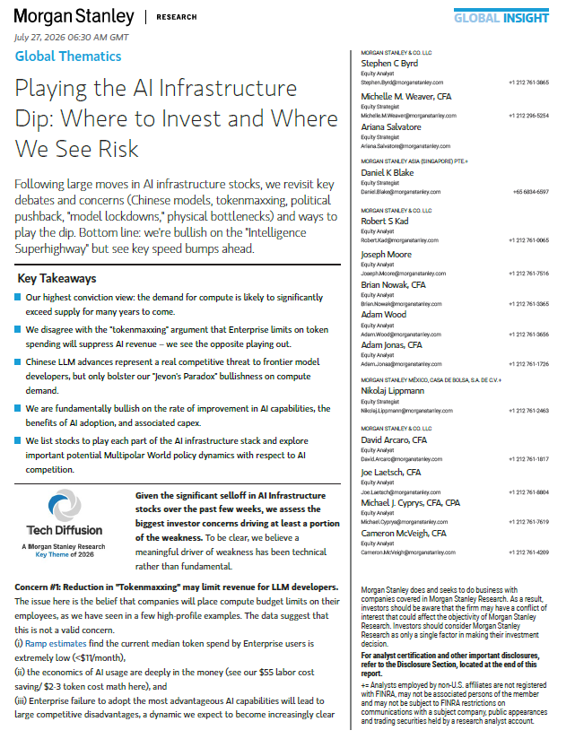 MatiasScalbi's tweet photo. 🔥 MORGAN STANLEY SALIÓ A DECIR QUE EL CASTIGO A LAS ACCIONES DE INFRA DE IA FUE UN REGALO. ANALIZAMOS INFORME PRIVADO Y HACEMOS MAPA DE INVERSIÓN

Hoy te presento el informe de Morgan Stanley llamado "Playing the AI Infrastructure Dip" que es una gema de información

GUARDA el post, está largo y lo podés leer tranquilo

Te pongo en contexto: En julio se asustaron con la salida de Kimi K3 y vendieron casi todo lo que toca un data center. El banco mira esa caída y sigue arriba de la tesis, con los precios más abajo. Te traduzco el informe porque aplica para todo momento

EL SUSTO Y LA LECTURA QUE HICIERON ELLOS

El informe se llama Playing the AI Infrastructure Dip y la frase de tapa es que están bullish en lo que llaman Intelligence Superhighway, la red que va a mover inteligencia como hoy se mueve electricidad

Lo que más convicción les da es una sola cosa: la demanda de cómputo se queda arriba de la oferta por varios años

Cada generación nueva de NVIDIA, según su cuenta, trae 250 por ciento más de potencia (exaFLOPS, la unidad con la que miden cuánto calcula un chip) y solo 60 por ciento más de energía

Para doblar lo que sabe hacer un modelo hoy hace falta diez veces más cómputo, pero el chip nuevo te achica esa cuenta. Por eso no ven que el gasto se corte

K3, el modelo chino de pesos abiertos (lo podés bajar y correr vos), fue el que inició la caída allá por Julio

Gary Yu, el de Asia del mismo banco, dice que viene de una acumulación, que GLM-5.2 ya había salido fuerte en junio y que van a seguir saliendo modelos chinos más grandes, más caros y más competitivos. En su modelo de fábrica de inteligencia, poner K3 en un data center de 200 MW les mueve el margen 3 puntos. Lo leen como otro modelo de frontera con precio de frontera

POR QUÉ EL TOKEN NO SE APAGA

Hay un miedo que se escucha en todas las reuniones y se llama tokenmaxxing: la empresa le pone un techo de gasto en tokens al empleado y se acaba la factura de OpenAI

Ramp midió el gasto mediano de empresa y está abajo de 1 dólar por mes. La cuenta del banco es esta. Una tarea que te ahorra 55 dólares de sueldo sale 2 a 5 dólares de tokens. Una pregunta suelta se come unos 5.000 tokens. Un agente (un modelo que labura solo, encadenando pasos) gasta 15 veces eso. Si para cerrar un trabajo usás 5 a 7 agentes, te vas a 375 mil o 525 mil tokens. Con un precio promedio de 3 a 10 dólares el millón, el costo de esa tarea queda en 2 a 5 dólares contra 55 de ahorro. El que adopta se queda con esa diferencia, y el que no se va quedando atrás

Del lado de quien vende el token, un data center lleno de Blackwell (el chip actual de NVIDIA para IA) les deja cerca de 50 por ciento de margen. Con Rubin (la generación que sigue a Blackwell) se va a 75 y con Feynman (la que viene después de Rubin) a 90

Si el chip mejora tanto, el hyperscaler podría bajar el precio del token 75 por ciento y seguir ganando lo mismo. K3, a 3 dólares el millón de entrada y 15 el de salida, les da 45 por ciento de margen sobre Blackwell, 1 a 3 puntos más que el modelo de frontera que tenían antes

Por eso dicen que China le disputa a los labs americanos el negocio del modelo, y que el enchufe y el capex siguen parados

ACÁ APARECE JEVONS, QUE ES LA CLAVE DE TODO EL PAPEL

Te pongo en contexto: paradoja de Jevons es cuando algo se hace más eficiente y más barato, y el consumo total sube, porque entra gente nueva y los que ya estaban piden más

Aplicado a la IA, un chip mejor y un modelo más barato llenan data centers. El banco lo pone como hallazgo central

El valor de la inteligencia sube en forma no lineal (de a saltos, no de a uno). El caso de uso de empresa está in the money, o sea que el beneficio es varias veces el costo. El retorno del capex (el dinero que meten para construir) cierra. Y Jevons se cumple. La quinta pata es política: sube la chance de que EEUU y China partan el mercado en dos

Hoy los modelos de frontera (los más capaces, tipo GPT, Claude o Grok) ya hacen más del 50 por ciento de un abanico grande de tareas de conocimiento igual o mejor que una persona. DeepMind, el lab de IA de Google, armó un esquema que resolvió solo 9 problemas de Erdős de 353, dos de ellos abiertos hacía 56 años, a unos pocos cientos de dólares por problema

Los problemas de Erdős son acertijos de matemática muy difíciles que el matemático Paul Erdős dejó planteados. Otro modelo de frontera cerró uno por esas mismas semanas

Lo que viene detrás, y esto lo marcan con letra chica, es la mejora recursiva (el modelo que se mejora solo, a velocidad de máquina y sin pedir la misma montaña de cómputo extra)

Estiman que eso puede aparecer entre la primavera de 2027 y 2030, con mucha incertidumbre. Si entra, el beneficio se pone enorme y también el miedo de que el que llegue primero deje al resto atrás

LO QUE SÍ PUEDE FRENAR ESTO: GENTE, LUZ Y POLÍTICA

Acá el banco denota cosas fundamentales. Faltan electricistas, soldadores y cañistas. Pedirle un punto nuevo a la red tarda años

En varios estados hay proyectos para frenar data centers grandes, y Nueva York ya sancionó una moratoria de un año (un freno temporal a permisos nuevos). Georgia, Delaware, Pennsylvania, Virginia y un listado más tienen proyectos parecidos. Casi todos buscan ir más lento. No ven un ban nacional en EEUU porque la carrera con China sigue ahí. Sí ven que esa fricción, sumada a la gente y a la red, puede dejar más de 10 por ciento de la capacidad pedida sin prender hacia 2028

El número gordo es este. Agujero de 38 GW de luz en EEUU hasta 2028 y 122 GW hasta 2030. Un GW (gigawatt) son mil megawatts, y un data center grande de IA pide cientos de megawatts en un solo predio. Esa cuenta la miden contra lo que piden las ventas de chips que proyecta el equipo de semis del banco

"Time-to-power" es el tiempo que pasa desde que comprás el GPU (el chip acelerador, hoy casi siempre de NVIDIA) hasta que lo podés enchufar. La red clásica se va a 5 o 7 años. Los parches que arman son cuatro: turbinas de gas por 15 a 20 GW, celdas de combustible tipo Bloom Energy $BE, generan luz en el predio con gas, por 5 a 8 GW, nuclear al lado del data center por 5 a 15 GW, y sitios de mineros de Bitcoin que ya tienen el permiso de la red y se reconvierten a cómputo por 10 a 15 GW. Si eso no se instala, el 38 GW se queda abierto

QUIÉN ESTÁ GASTANDO DE VERDAD

Brian Nowak, el analista de internet de EEUU de Morgan Stanley, espera que el capex (inversión en obras y equipos) de los cinco hyperscalers que siguen se vaya a 1.2 Trillones este año y 1.4 el que viene. 

Hyperscaler es Amazon, Microsoft, Google, Meta y el quinto grande que opera nube a escala mundial, Oracle

El cómputo disponible de esos jugadores pasa de 30 GW en 2025 a 120 GW en 2028. Google es el que más suma, 9 GW en 2027 y 11 en 2028, pero AWS (la nube de Amazon) termina 2028 con más capacidad parada, 35 GW contra 31 de Google. Meta sale de 3.5 GW a fines de 2025 y se va a 14 en 2027 y 21 en 2028. El banco está Overweight (su recomendación de tener más peso que el índice) en $META, $GOOGL, $MSFT y $AMZN porque son los que pueden gastar, prender capacidad y cobrar el token arriba

En la encuesta a CIOs (el jefe de sistemas de cada compañía) del segundo trimestre, IA y machine learning volvió a ser la prioridad número 1, con 18 por ciento eligiéndola primera, y 30 por ciento dijo que el objetivo principal es que el empleado rinda más. El 76 por ciento, al momento de esa encuesta, ya tenía o iba a tener el primer proyecto de modelo grande en producción en los nueve meses siguientes

Del lado del trabajo, las dos oleadas de encuesta dan 4 a 5 por ciento neto de empleos menos: echan o no reponen 12 y 15 por ciento y contratan 22 por ciento en otro lado

Del lado del consumidor, la mitad usa IA todas las semanas, 42 por ciento dice que va a usar más en lo personal y casi la mitad de los que laburan dice que va a usar más en el trabajo

Su modelo de Future of Work estima que la IA agéntica (la que ejecuta tareas sola, no solo responde preguntas) le puede crear al S&P 500 (las 500 empresas más grandes de EEUU) unos 490 billones de dólares al año, ya descontado el costo de implementarla

CÓMO INVERTIR Y EXPONERTE A CADA PARTE DE LA CADENA

El banco parte esto en cinco y marca que el dip de julio dejó a estos nombres unos 7 puntos atrás del índice, en ese momento. No hace falta comprar todo junto. Cada capa cobra una cosa distinta, y conviene saber cuál estás tocando

La primera es el tiempo hasta el enchufe (el Time to Power), o sea los que hacen que el data center se pueda prender este año y no en 2031. Si tu tesis es que falta luz y permiso, acá está el cuello

- Bloom Energy $BE pone celdas de combustible en el predio
- GE Vernova $GEV y Siemens Energy $ENR fabrican las turbinas
- Vistra $VST, Constellation $CEG, Talen $TLN y NRG $NRG ya tienen plantas prendidas y les pueden vender energía a los data centers
- NextEra $NEE desarrolla generación y red
- Quanta Services $PWR, Eaton $ETN y Hubbell $HUBB hacen la obra eléctrica, los tableros y la conexión
- Vertiv $VRT y Modine $MOD enfrían el galpón
- Hut 8 $HUT, TeraWulf $WULF e IREN $IREN son mineros que ya tienen el permiso de la red y están pasando de Bitcoin a cómputo
- Equinix $EQIX y Digital Realty $DLR son dueños de los edificios y los alquilan
- Applied Digital $APLD arma predios pensados para IA

Esta capa define si el GPU se enchufa en 2026 o se queda esperando la red hasta 2030

La segunda es fabricar el cómputo. Si tu tesis es que va a faltar silicio y servidores, cobrás acá

- NVIDIA $NVDA hace el GPU
- Broadcom $AVGO hace los chips de red que unen esos GPUs
- TSMC $TSM fabrica los chips de NVIDIA en Taiwán
- ASML $ASML hace las máquinas con las que TSMC los graba
- Applied Materials $AMAT, Lam Research $LRCX y KLA $KLAC son los equipos de la fábrica
- Samsung $005930 y Micron $MU hacen la memoria
- Super Micro $SMCI, Dell $DELL y Hewlett Packard Enterprise $HPE arman los servidores
- Arista $ANET y Credo $CRDO conectan el cluster
- Advantest $ATEYY testea los chips
- Delta Electronics $2308 y Hon Hai $HNHPF (Foxconn) ponen fuentes, placas y ensamblado
- Wiwynn WYNNY arma servidores para nube

Esta capa cobra cuando hay más demanda de inteligencia que capacidad de fabricarla

La tercera es la aplicación china. Si tu tesis es que el modelo barato se usa en masa afuera de EEUU, cobrás acá

- Tencent $TCEHY vende el uso del modelo adentro de sus apps
- Alibaba $BABA vende nube y modelos a empresas
- SMIC $SMICY fabrica chips en China
- Kingsoft Cloud KC y VNET VNET son nube y data centers chinos
- MediaTek MDTKF pone chips en dispositivos

Esta capa cobra por volumen de uso, aunque el lab americano cobre menos por token

La cuarta es energy security, tener luz propia o guardada para no depender de que la red te dé el punto a horario. El banco destaca el storage

- Fluence FLNC arma baterías grandes para la red
- Tesla TSLA en su pata de energía vende Megapacks
- Cameco CCJ produce uranio para la pata nuclear
- The Southern Company SO y Duke Energy DUK son eléctricas reguladas con mucho plan de red

Esta capa banca el día en que el transformador todavía no llegó y el data center igual tiene que prender

La quinta son los hyperscalers, los que gastan 1.4 Trillones y después cobran el token

- Microsoft
- Google 
- Amazon 
- Meta 
- Oracle, se metió fuerte a alquilar capacidad de IA

El banco los tiene Overweight porque tienen el dinero, la nube y el cliente. Esta capa recupera el capex arriba, en el software y en la suscripción

Para armar la exposición: si ves el agujero de 38 GW, el peso va a la primera y a la cuarta. Si ves que el chip sigue escaso, va a la segunda. Si ves adopción masiva, van la tercera y la quinta. El punto frágil de todas es el mismo, que el GPU llegue y no haya luz, gente o permiso

QUÉ PASA CON EEUU Y CHINA

Morgan Stanley cree que sube la probabilidad de que cada país cierre un poco más su mercado de IA

En EEUU el gobierno puede agrandar la Entity List, que es la lista del Departamento de Comercio que obliga a pedir permiso para hacer negocios con un laboratorio chino. Si un lab entra a esa lista, las nubes americanas pueden tener que bajarle el modelo o pedirle condiciones extra para hospedarlo

El Congreso también puede meter reglas más duras sobre la exportación de chips y de las máquinas que sirven para fabricarlos. Eso iría adentro del NDAA, que es la ley de presupuesto militar que se vota todos los años

China ya tiene sus propias trabas. Si querés vender un modelo americano ahí, te pueden pedir que los datos y el sistema queden adentro del país, y que pases controles de contenido y de ciberseguridad. Si no lo hacés, te dejan afuera

A Apple le pasó con Apple Intelligence, la IA del iPhone: no pudo lanzarla en China como en el resto del mundo y tuvo que apoyarse en Alibaba y Baidu. El banco no espera que EEUU prohíba data centers a nivel nacional. Lo que espera es que queden dos mercados distintos, con menos intercambio de modelos y de chips entre un lado y el otro

CÓMO LO ESTOY LEYENDO

El informe es de julio. Desde entonces ya salieron los balances del segundo trimestre y la tesis del gasto no se cayó

Amazon subió el capex de 2026 a unos 220 billones de dólares. Google lo llevó a un rango de 195 a 205 billones. Meta subió el piso a 130 billones, con techo de 145. Microsoft confirmó que el gasto sigue alto. Entre este año y el que viene, el mercado los pone cerca de 1.5 Trillones. El 1.2 y el 1.4 que ponía Morgan Stanley no quedó corto

La cuenta del token le sigue cerrando a la empresa que lo usa y el número que ordena 2026 y 2027 sigue siendo el agujero de 38 GW de luz. Yo voy a seguir tres cosas de acá en adelante. Si las turbinas y las celdas de combustible pasan de estar pedidas a estar prendidas. Si las moratorias de los estados se quedan en un año o se copian en otros lados. Y qué dicen en octubre, cuando toquen otra vez balances, sobre el gasto de 2027. Sin esa luz, el GPU no entra en producción. Con esa luz, toda la cadena que vimos arriba es la que se beneficia

Nada de esto es recomendación de inversión. Es la traducción del informe, actualizada a septiembre, para entender por qué cayeron las acciones de infraestructura mientras la demanda de inteligencia sigue firme. Excelente informe por parte de Morgan Stanley

Si les gustó y les interesa que consiga y traiga análisis de informes privados de bancos y demás, apoyen el contenido y siganme para motivar a traer siempre la mejor calidad de información

Tengo varios informes que me pasan colegas y gente del nicho específico, tanto de USA cómo de Asia, así que se viene buena info si les interesa

Abrazo a todos