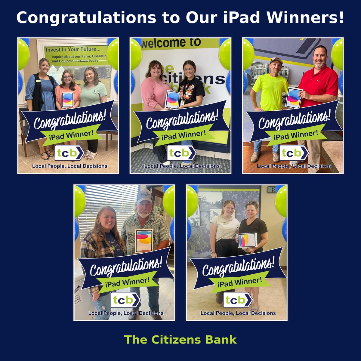 tcbanytime's tweet photo. Congratulations to our 5 iPad Cycle Winners!! 📷🎉🎉
Mallory Gilliam
Jeffrey Porter
Cody Wade Jenkins
Maci Claire Craig
Leslie Tencher
We are excited to celebrate all of you as customers and appreciate your business.
We thank you for choosing TCB
Enjoy!!

💚💙 https://t.co/OO2cr4wxVh