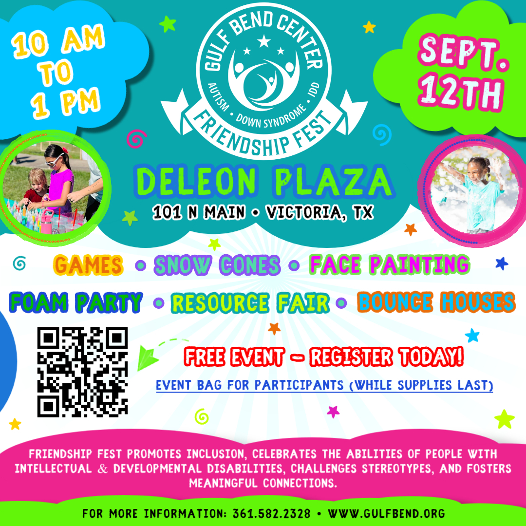 GulfBend's tweet photo. Join us 9/12/26 at DeLeon Plaza for a FREE day celebrating inclusion, friendship &amp; the unique abilities of individuals with IDD! 

🎧 DJ Chito | 🏰 Bounce houses | 🎨 Face painting | 🫧 Foam party | 🍧 Snow cones | 🎲 Games &amp; resources

👉 Register: https://t.co/IRKs2zICdK https://t.co/6GdYnchGIG