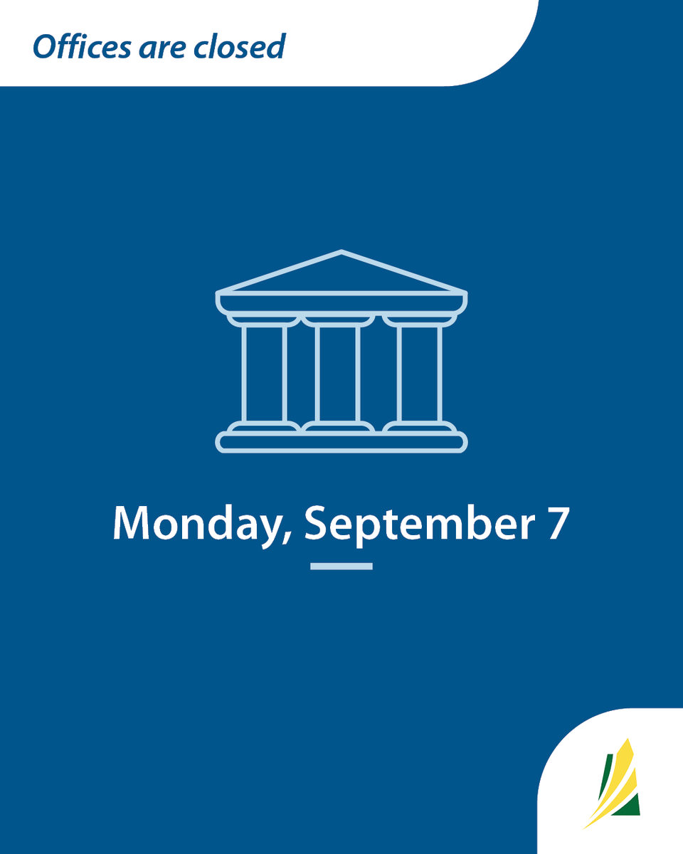 SKAgriculture's tweet photo. Government of Saskatchewan offices will be closed Monday, September 7 for the Labour Day holiday. Offices will resume regular business hours on Tuesday, September 8.
Digital services can still be accessed at https://t.co/PNyqOnP2v1
#SaskAg #LabourDay https://t.co/xjjx0kV01J