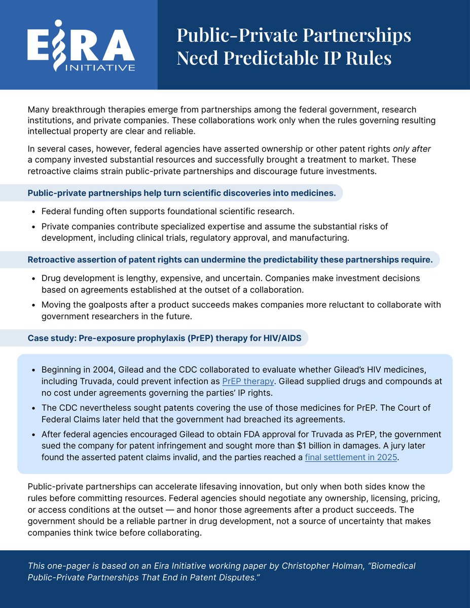 BayhDole's tweet photo. Bayh-Dole underpins many of the public-private partnerships that turn federally funded research into real-world innovation. As @EiraInitiative explains, those partnerships depend on clear, predictable IP rights—and undermining that certainty risks undermining the system itself. https://t.co/K0rDVzQtCi