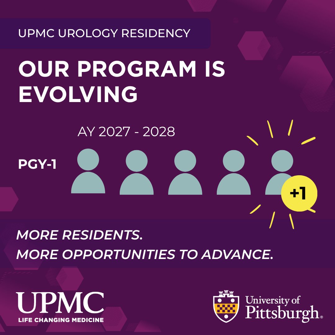 UPMCUrology's tweet photo. We're excited to share that the UPMC Urology Residency Program has been approved to expand our resident complement to five residents per year!

This change will take effect with the upcoming match cycle, with plans to introduce a 5-year pathway option. This is a meaningful step forward for our program and for the next generation of urologists we're proud to train.
#urologyresidency #uromatch