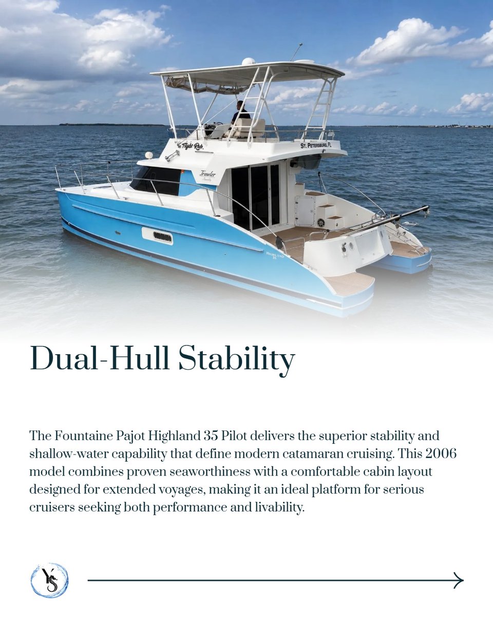 YachtingSelect's tweet photo. Discover the 2006 Fountaine Pajot Highland 35 Pilot — hand-picked for proven seaworthiness and cruising comfort. Dual-hull stability meets extended-voyage capability. #YachtingSelect #CatamaranLife https://t.co/t9P1WKMPNv
