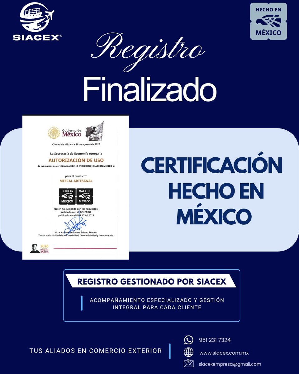siacex1's tweet photo. Agradecemos la colaboración realizada de @4bycasamashamezcal con #SIACEX CONSULTORES!!
💌 Si tú empresa quiere obtener tu registro al sello #HechoEnMexico. Contáctanos: 951 231 7324
#SIACEX #HechoEnMexico #Mex #Registro https://t.co/pKDZT87qpq