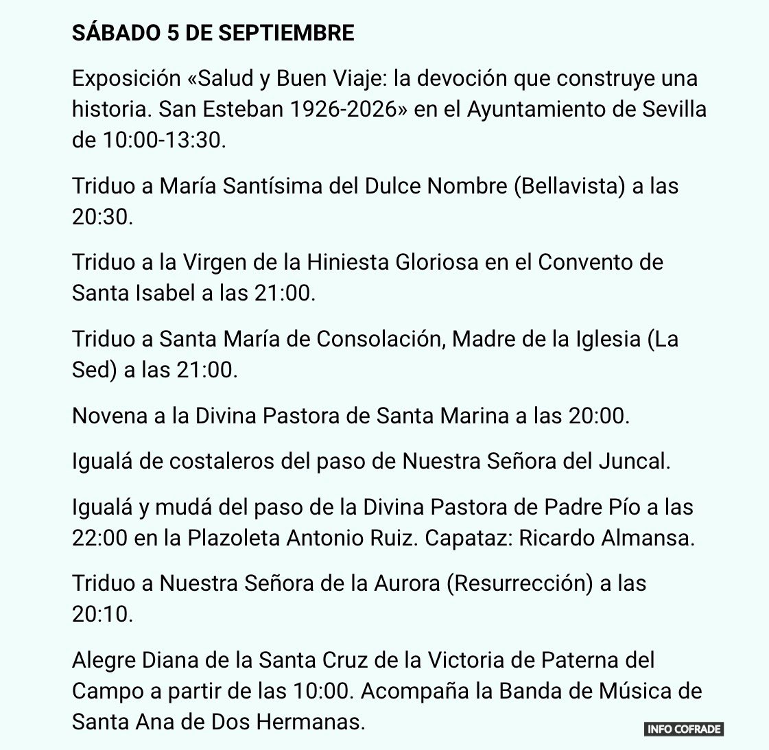 info_cofrade's tweet photo. 📚 𝐀𝐆𝐄𝐍𝐃𝐀. Sábado 5 de Septiembre. #AgendaCofrade #InfoCofrade365días #SevillaHoy https://t.co/1PJ8N5jmw6