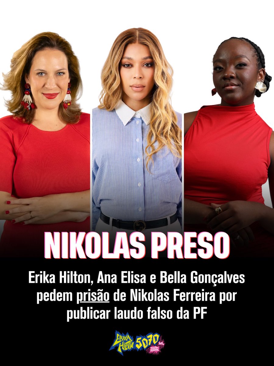 ErikakHilton's tweet photo. 🚨 PRISÃO DO NIKOLAS JÁ!

Eu, a @AanaElisast e a @BellaGoncalvs estamos denunciando o deputado Nikolas Ferreira à Justiça Eleitoral por publicar um laudo FRAUDADO da Polícia Federal para se dizer inocente após as revelações sobre suas ligações com Vorcaro.

O que Nikolas fez é CRIME. Não se publica um falso documento oficial, produzido por inteligência artificial, em campanha eleitoral. Um crime com pena de até 6 anos de prisão.

Não podemos aceitar que, em pleno período de campanha, o debate público seja guiado por documentos falsificados. A Justiça precisa agir e precisa agir rápido.

Se Nikolas não quisesse ter sua índole questionada, ele deveria ter pensado melhor antes de mandar áudios pedindo favores para Vorcaro, o ladrão de aposentados, em vez de publicar um laudo falso.

Mas, conhecendo Nikolas, talvez o único documento capaz de defendê-lo realmente seja um documento falsificado.

Campanha eleitoral
CNPJ: 68.438.024/0001-60