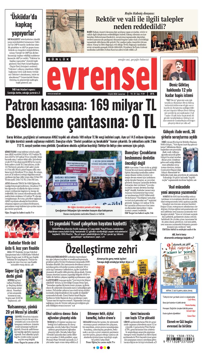 evrenselgzt's tweet photo. ✒️Patron kasasına: 169 milyar TL
Beslenme çantasına: 0 TL

Saray iktidarı, geçtiğimiz yıl sermayeye ARGE vergi teşviki adı altında 169 milyar TL’lik vergi indirimi yaptı. Aynı yıl 14.5 milyon öğrenciye bir öğün ücretsiz yemek verecek önergeleri reddetti, son olarak Danıştaydan “Devlet çocukları aç bırakabilir” kararı çıkarıldı

Evrensel, Ekmek ve Gül ekiyle bugün bayilerde
