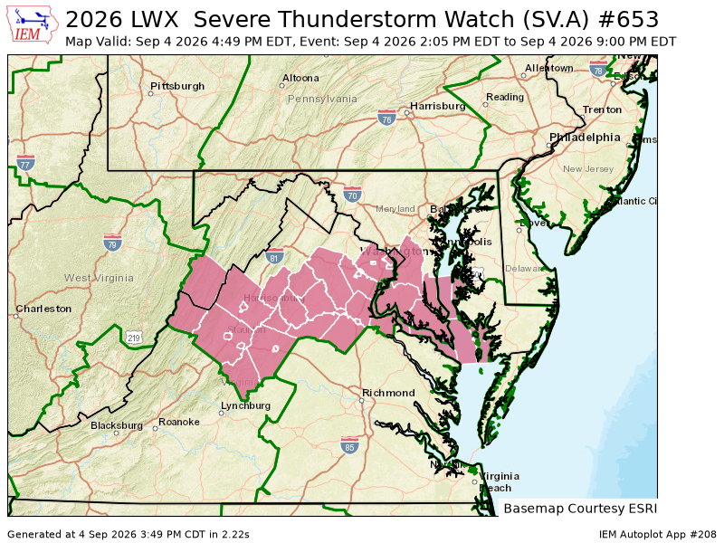 EricBourgois30's tweet photo. LWX updates Severe Thunderstorm Watch (cancels 18 counties, expands area to include 8 areas, continues 34 areas) till Sep 4, 9:00 PM EDT https://t.co/3nuKJSjO2I https://t.co/ew6XERBg6S