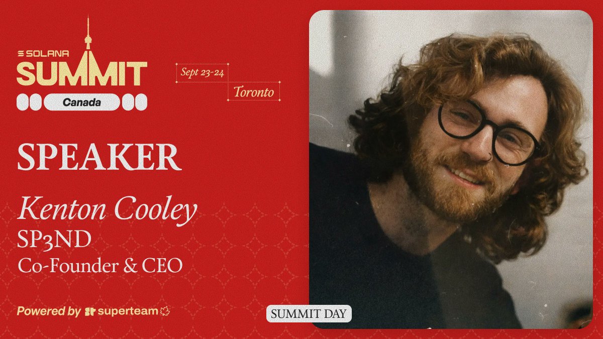 SuperteamCAN's tweet photo. Kenton Cooley, Co-Founder &amp; CEO at @SP3NDdotshop, is joining us at Solana Summit Canada.

@kenton_cooley is making stablecoins spendable, turning onchain payments into everyday commerce.

Sept 23–24, Toronto, St. Lawrence Market North. https://t.co/c9JmFZk44k