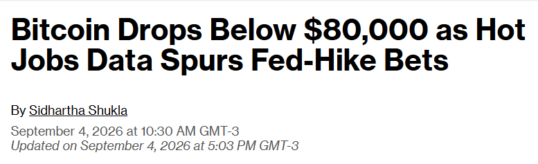 Cortex_Mkt_X's tweet photo. $BTC  slipping back below $80,000 highlights just how sensitive crypto remains to real yield shifts 

a blockbuster jobs report immediately revived fed hike bets, driving treasury yields and the dollar higher at the direct expense of non yielding risk assets https://t.co/1GyLJI9Uie