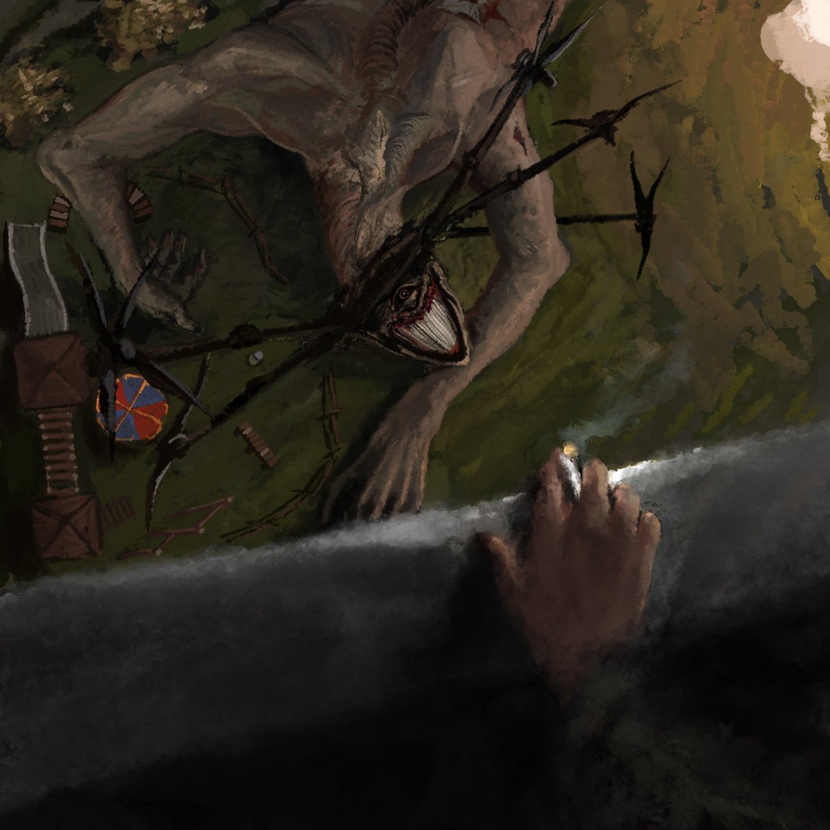 DiogoCadarn's tweet photo. Tem um artista russo que atua no Telegram, Ptichnik seu nome, pintando cenas de horror e surrealismo baseadas na experiência dos combatentes nas trincheiras da Ucrânia. Aparentemente é popular entre os soldados, este Otto Dix de nossos tempos. https://t.co/bkCs0SlhHy