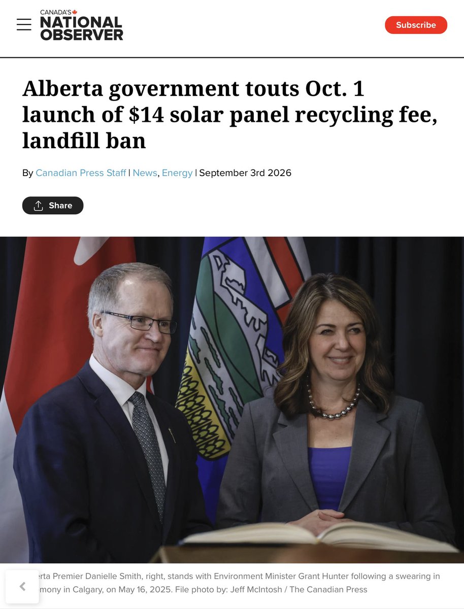 westmm4028's tweet photo. Recycling a solar panel is now seven times more costlier than recycling a TV in Alberta?
Alberta exempts Suncor's tailings pond dump from review, angering downstream communities?
Make it make sense? This is crazy! https://t.co/nrY4GTGqu9