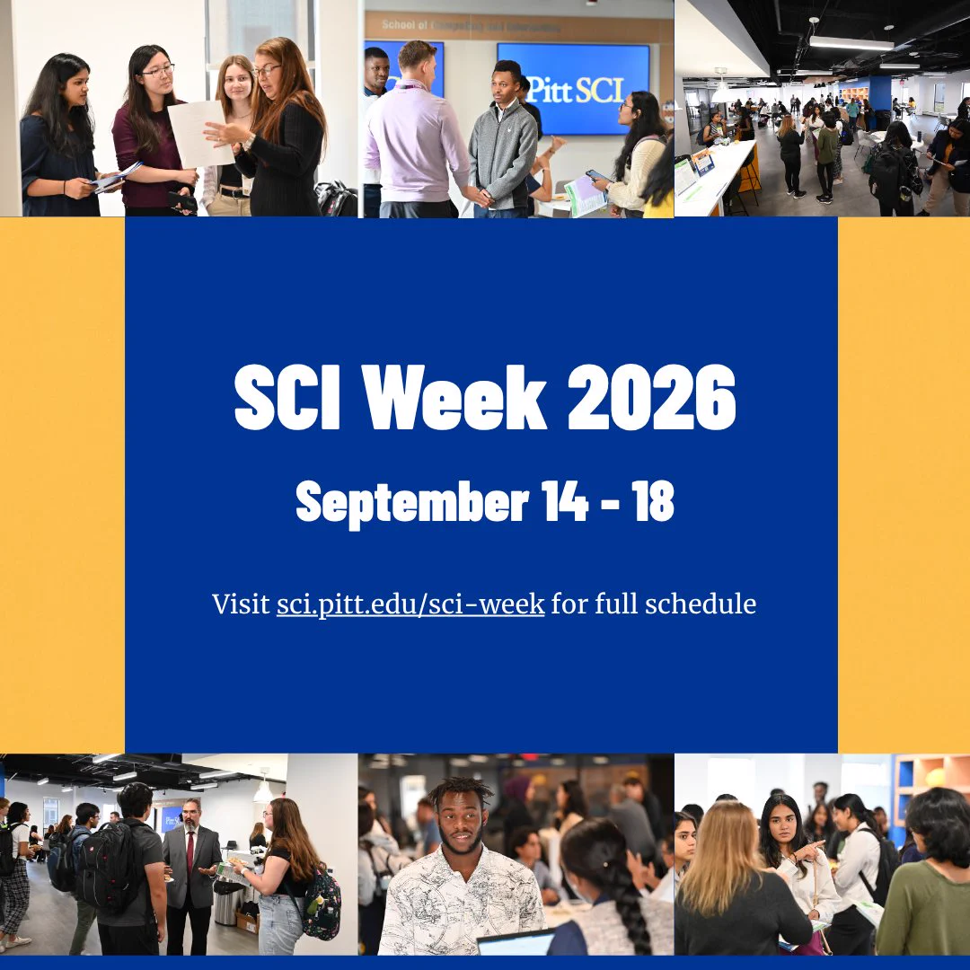 Image collage of SCI Week 2026 at the University of Pittsburgh. Central text reads "SCI Week 2026, September 14 - 18, Visit sci.pitt.edu/sci-week for full schedule." Surrounding photos include groups of people engaging in discussions and attending events at Pitt SCI.