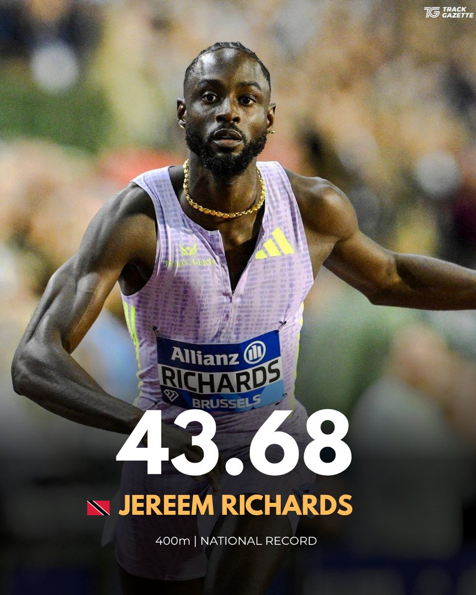 TrackGazette's tweet photo. Jereem Richards 🇹🇹 ran a Trinidad &amp; Tobago National Record of 43.68s to finish 2nd in the men's 400m at the Brussels Diamond League Final!

His PBs now look like this:

100m - 10.16
200m - 19.80
400m - 43.68 https://t.co/cHk2BtqMfV