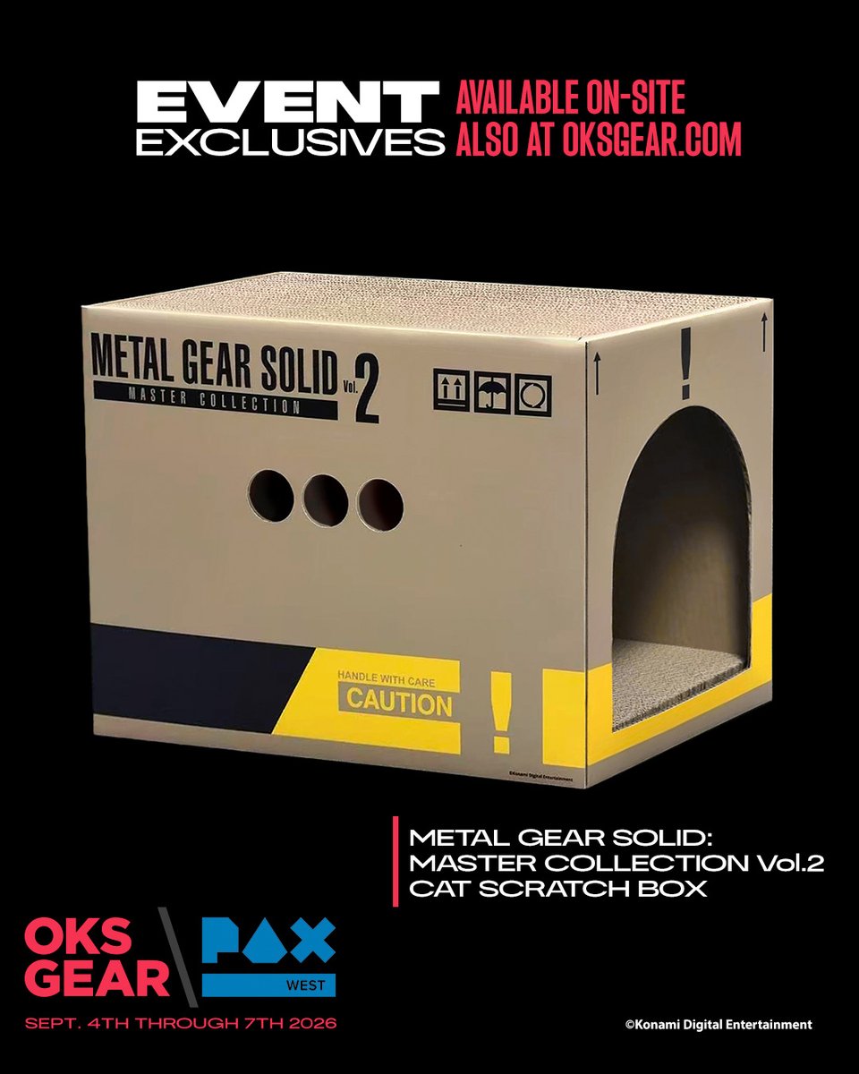 OKSGEAR's tweet photo. More from #OKSGear at #PAXWest 🎮

Discover more products available during PAX West, including the METAL GEAR SOLID: MASTER COLLECTION Vol.2 Cat Scratch Box, available both on-site and online during the event.

September 4–7 only. https://t.co/7TSoWA4NDx

@Konami #OKSGear #Konami #MetalGearSolid