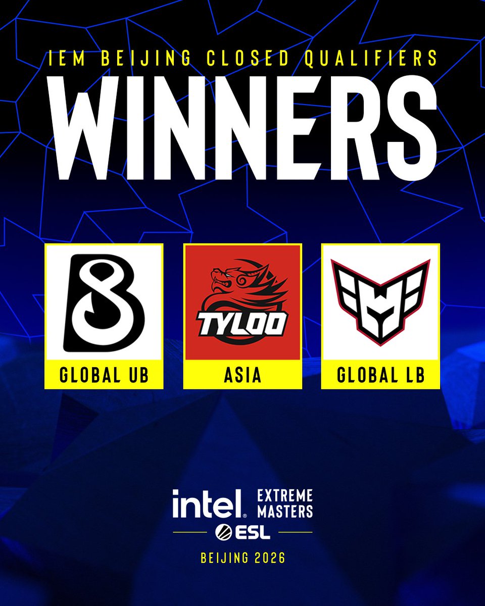 ESLCS's tweet photo. Congratulations to the three teams who have made it through the Closed Qualifiers! They will join us in China for #IEM Beijing 2026 🇨🇳

🎉 @B8esportsGG
🎉 @tyloogaming
🎉 @heroicgg https://t.co/tv7OV7DffD
