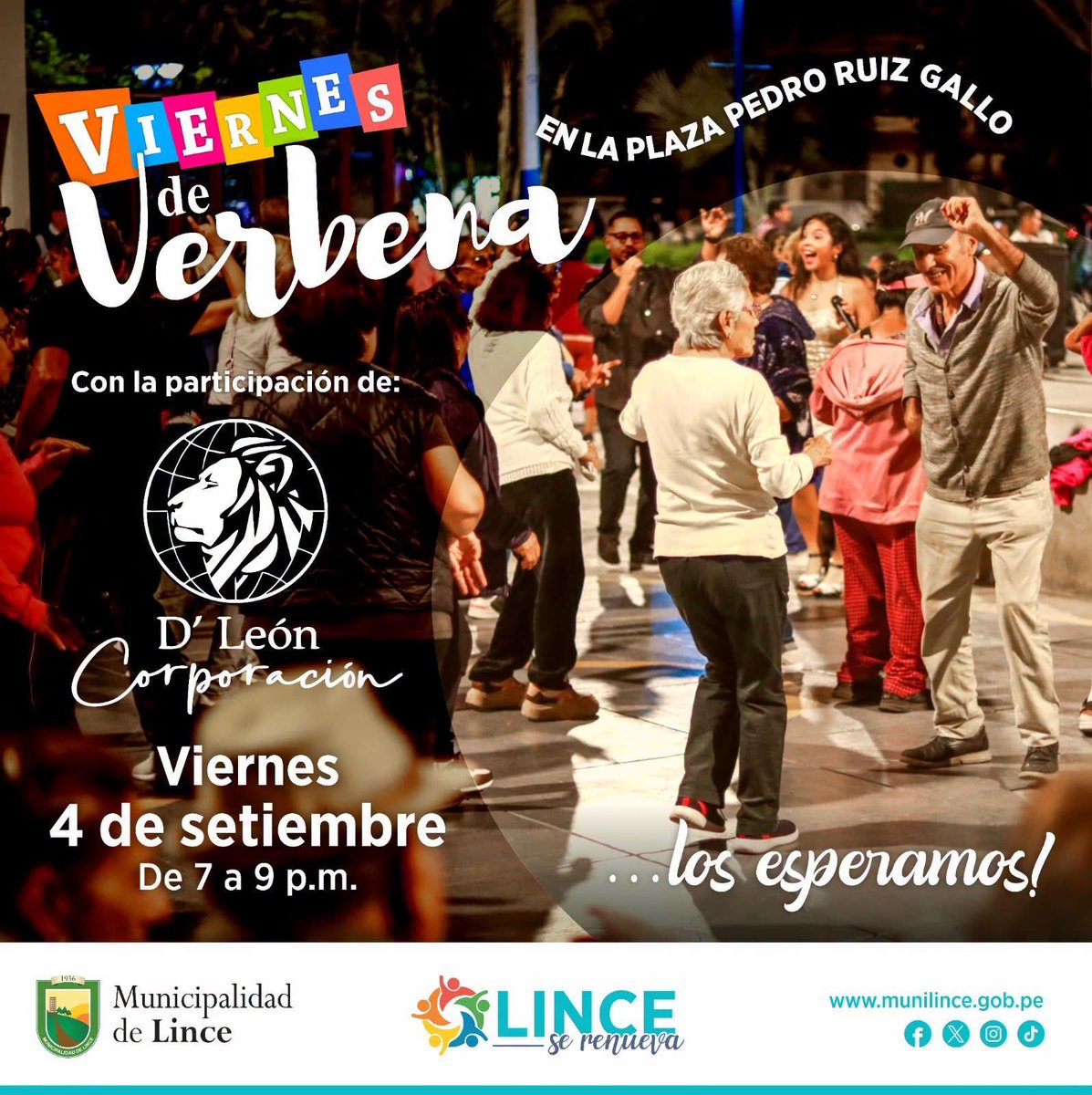 Muni_Lince's tweet photo. ¡𝐋𝐢𝐧𝐜𝐞 𝐬𝐞 𝐥𝐥𝐞𝐧𝐚 𝐝𝐞 𝐦ú𝐬𝐢𝐜𝐚 𝐲 𝐝𝐢𝐯𝐞𝐫𝐬𝐢ó𝐧!💃🕺

Te esperamos en una nueva edición de Viernes de Verbena,
🎤 Contaremos con la presentación de , D’ León Corporación.

¡No faltes, te esperamos! 🎉🪇 https://t.co/pZ2LzcL2l9