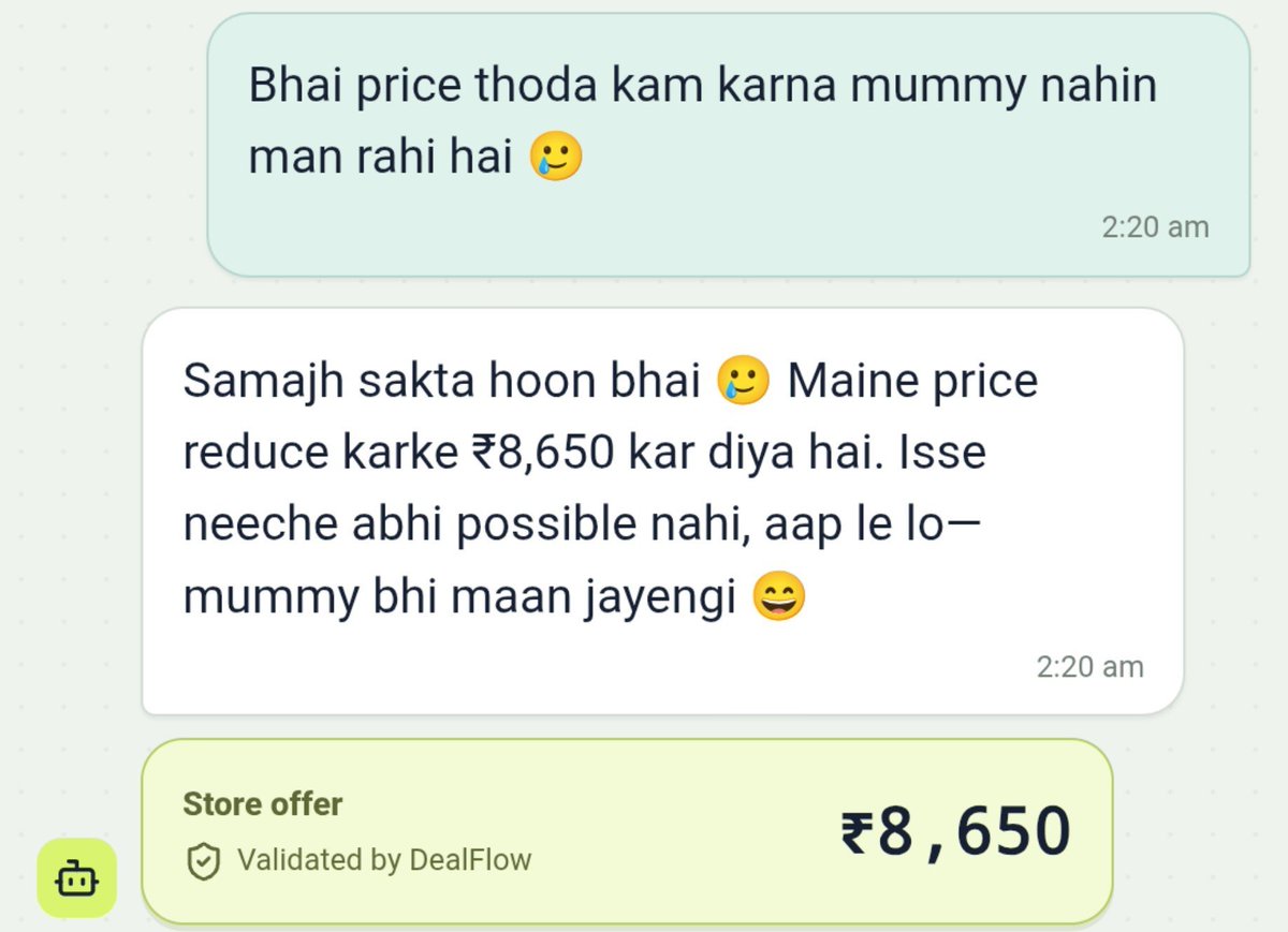Sayan_v0's tweet photo. We took the most Indian part of shopping and brought it online. 🇮🇳

You know the drill:
“Bhai, thoda kam karo na?” 😭

Built an AI that lets you make an offer, bargain back-and-forth, and buy at the best price. 🤝🛍️

Cooked this for the @Razorpay Buildathon. https://t.co/7Qtt5P7KLz