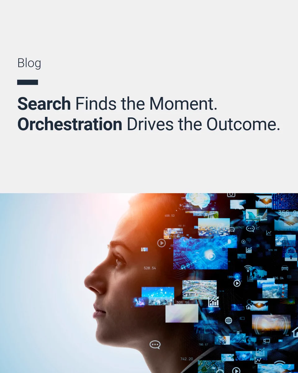 Blog: Search Finds the Moment. Orchestration Drives the Outcome. A woman's profile is bathed in light, with numerous digital data visualizations, charts, and numbers like 528.54 emanating from her mind, representing complex information processing.