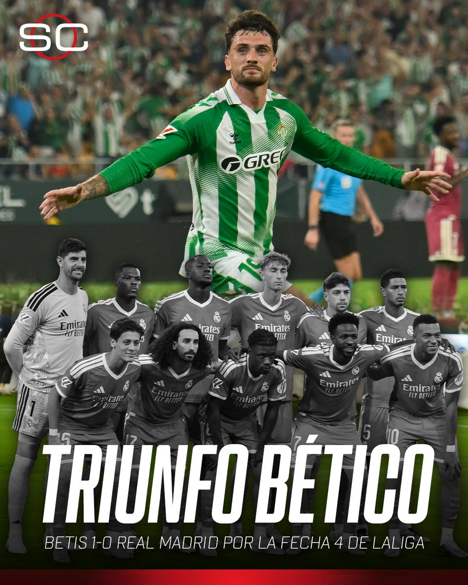 SC_ESPN's tweet photo. 🟢⚪ ¡TRIUNFAZO BÉTICO!

✅ El Betis del Ingeniero Pellegrini sorprendió en La Cartuja y, en un partido igualado, superó 1-0 a Real Madrid por la fecha 4 de #LaLigaxESPN

⚽ Troy Parrott

🧤 Vallés le tapó un penal AGÓNICO a Kylian Mbappé

ℹ️ Gracias al VAR se anuló un gol de Carlos Espí