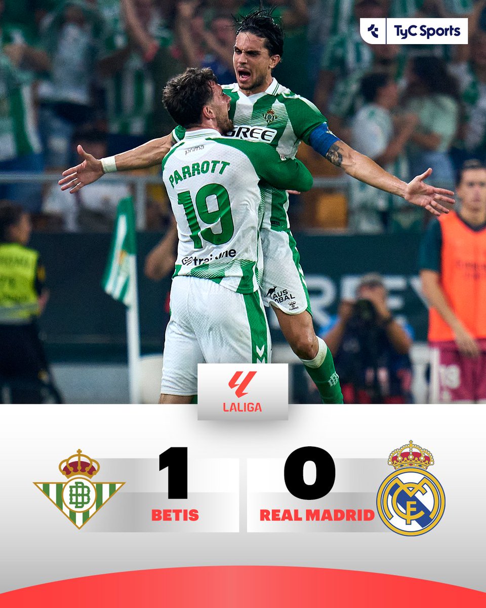 TyCSports's tweet photo. ¡DERROTA DEL REAL MADRID!

El Merengue cayó por 1-0 en su visita al Betis, por la cuarta fecha de #LaLiga. El gol del conjunto local fue obra de Parrot. Gran victoria para los del chileno Pellegrini. https://t.co/dg1NagJbDv