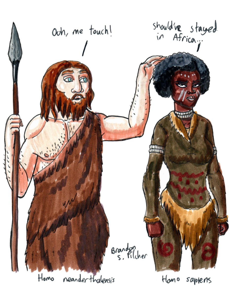 BrandonPilcher's tweet photo. Confession: I find it fun to use the topic of human/Neanderthal encounters circa 50-40 kya to comment on relations between human groups in the modern day. #neanderthals #prehistoric #paleoanthropology #paleoart #art #artistontwitter https://t.co/LPDGwgUdAd