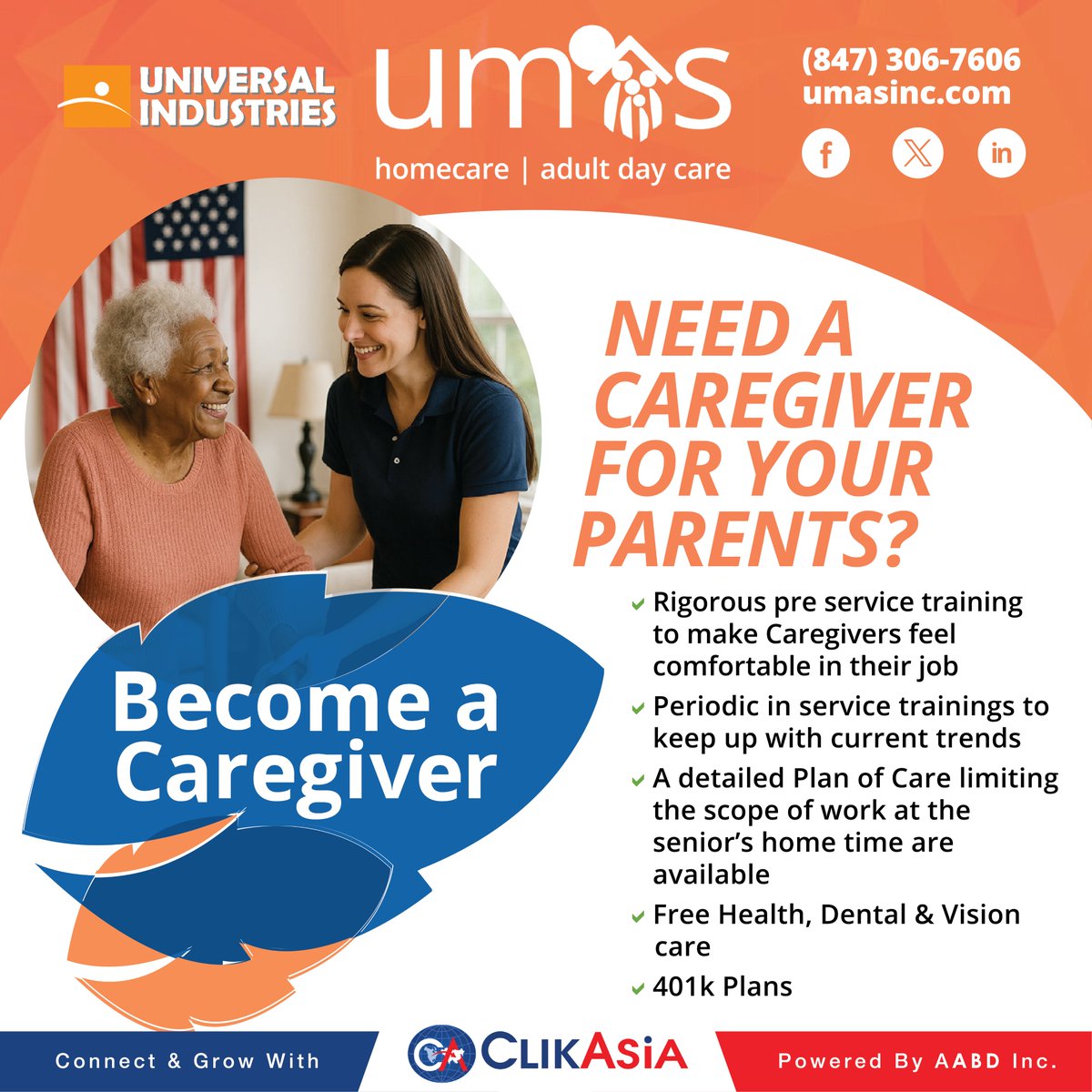 ClikAsia's tweet photo. UMAS offers rewarding careers with excellent benefits — including rigorous training, clear scope of work, Free Health, Dental & Vision care, and 401k Plans.
@AabdInc
#UMAS #BecomeACaregiver #CaregiverJobs #HomecareJobs #AdultDayCare #JobOpportunities #ClikAsia #HealthcareCareer https://t.co/ztJzqfFraz
