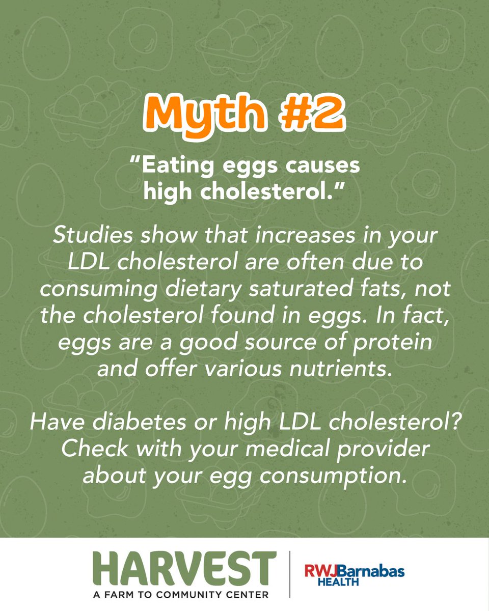 RWJBarnabas's tweet photo. Every time we look at a food label or schedule a routine physical, the word "cholesterol" inevitably comes up. Here, we take a look at some common cholesterol myths and help you understand what's important to consider!

At Harvest: An RWJBarnabas Health Farm to Community Center, we offer nutrition education classes that can show you how to optimize your cholesterol by making a few sustainable adjustments to what you eat and how you move. Learn more at https://t.co/5kzKoyigTF

#cholesterol #understandingcholesterol #healthydiet #CholesterolEducation #CholesterolEducationMonth