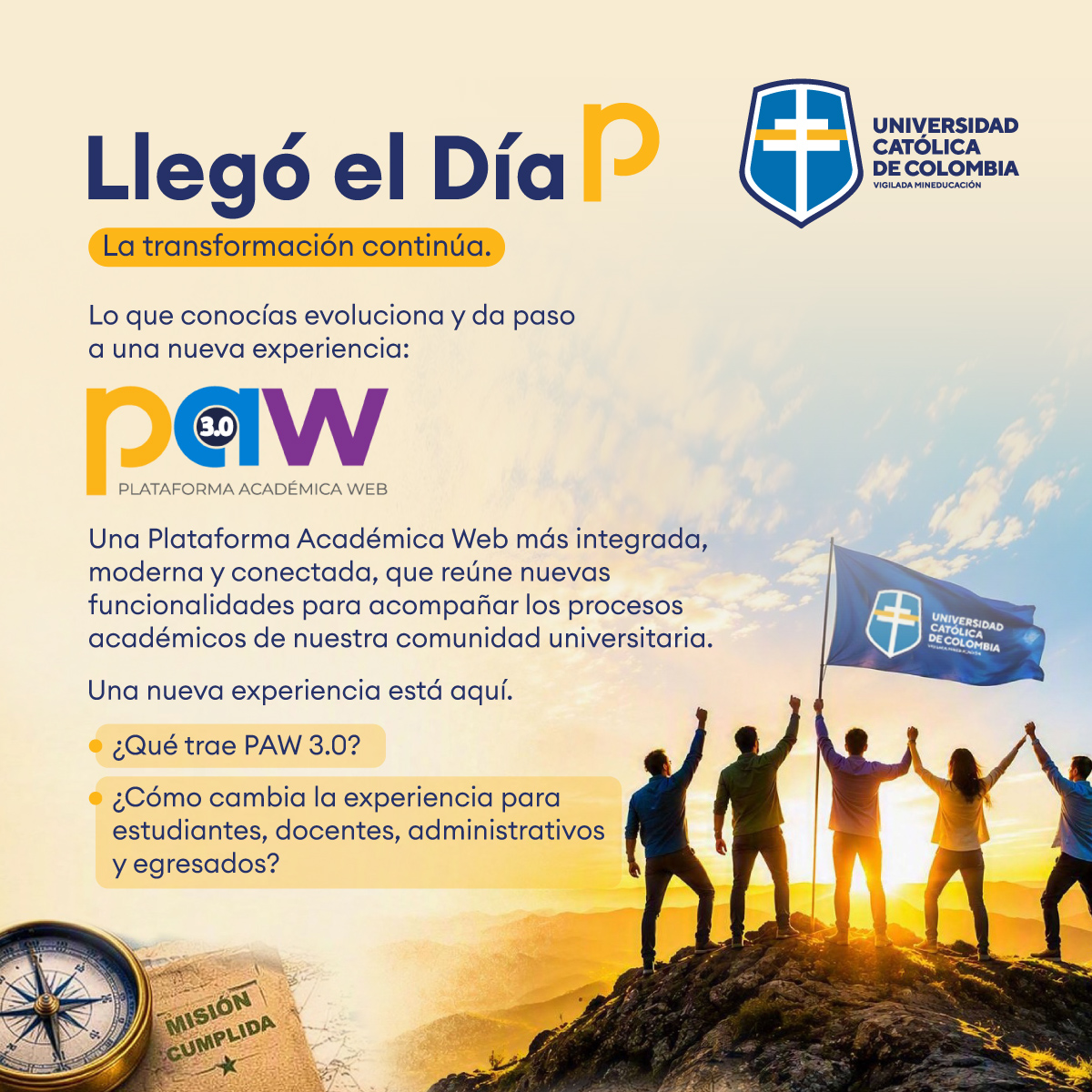 UCatolicaCo's tweet photo. 🚀 ¡Llegó el Día P! La transformación continúa.

La @UCatolicaCo presenta PAW 3.0, una plataforma más integrada, moderna y conectada, pensada para transformar la experiencia de estudiantes, docentes, administrativos y egresados. 💻

Conoce los detalles: https://t.co/cqlLMC2lMn https://t.co/Gl84E0HdyG