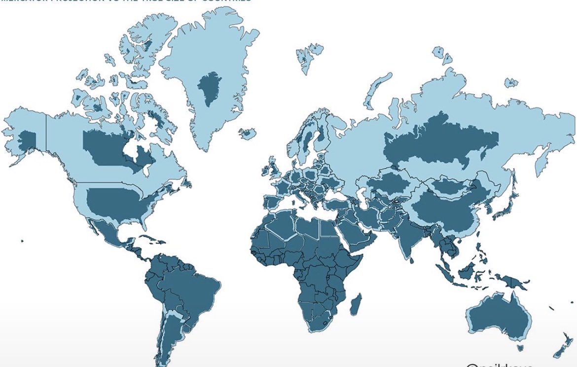 194Alexander's tweet photo. @Polymarket The Mercator projection is shown in light blue, whereas the countries' actual sizes are shown in dark blue. https://t.co/KRW1W7Lz45