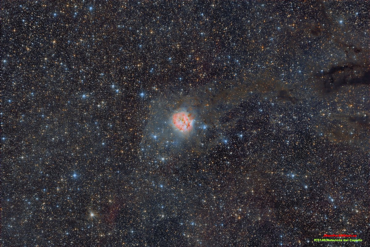 JPRamonPerez's tweet photo. IC 5146 o  Nebulosa Cocoon (o del Capullo) y objeto Caldwell 19, es una nebulosa mixta de emisión y reflexión situada en la constelación de Cygnus. Aproximadamente 4.000 años luz de la Tierra. Mide unos 15 años luz de diámetro (aprox. 12 minutos de arco en el cielo). https://t.co/8mz1uuU7i8