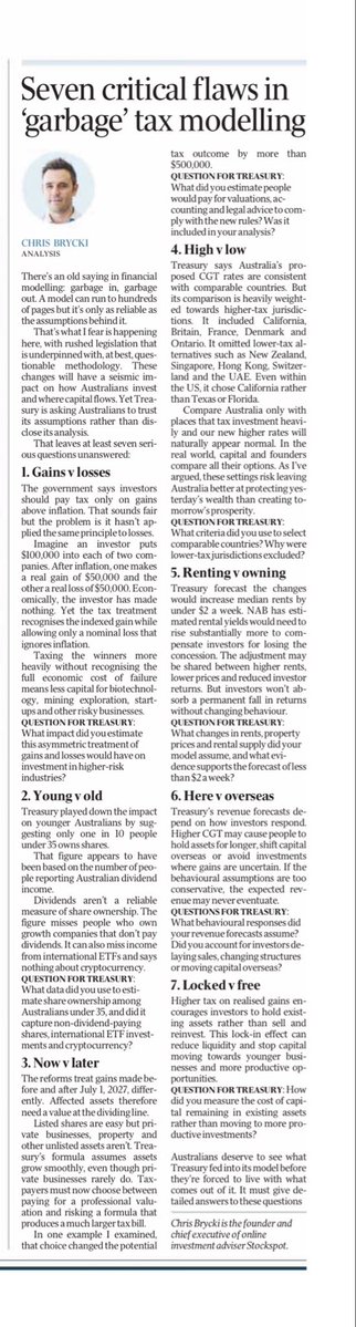 chrisbrycki's tweet photo. There’s an old saying in financial modelling: garbage in, garbage out. My take on Treasury’s tax reform assumptions, from today’s @australian. https://t.co/4PvQcnU6vY