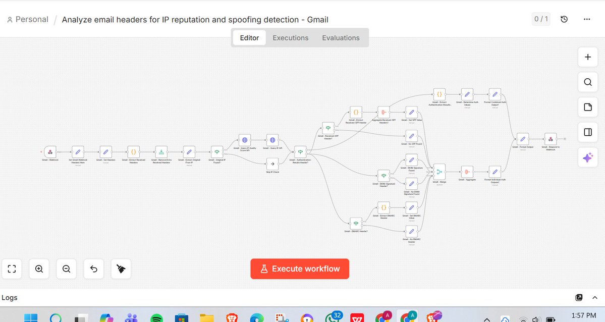 AwobusuaO4552's tweet photo. I built an email security workflow that analyzes headers for spoofing and IP reputation.

It checks SPF, DKIM, DMARC and flags suspicious emails automatically.

Better protection, less manual work.
Need this for your team? Let’s talk. https://t.co/yh9cpFPJTk