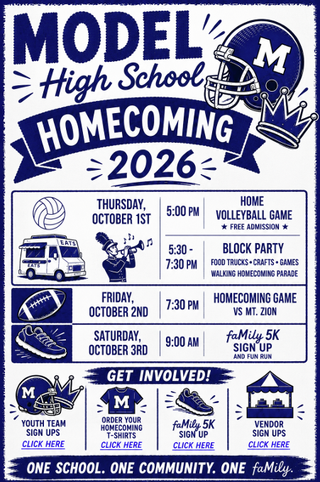ModelHighDevils's tweet photo. Mark your calendars! Homecoming Week will be here soon!

Link for youth team sign ups: https://t.co/8inFQgkaDZ
Link for shirt orders: https://t.co/YBAWjO5sax
Link for family 5K:https://t.co/aurcy08NOi
Link for Vendor sign up: https://t.co/athn3F7pYa https://t.co/ECRjZFRihn