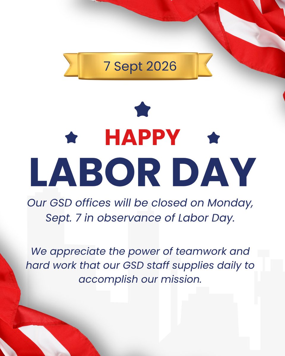 NewMexicoGSD's tweet photo. Happy Labor Day. Our GSD offices will be closed on Monday, Sept. 7 in observance of Labor Day. Regular business hours will resume on Tuesday, Sept. 8. https://t.co/cNNsiQk3mm