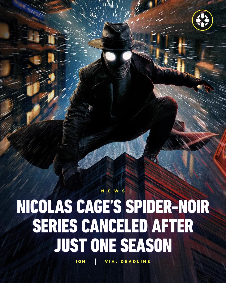 Spider-Noir perched on the corner of a rooftop with rain falling around him. Caption reads: Nicolas Cage's Spider-Noir Series Canceled After Just One Season