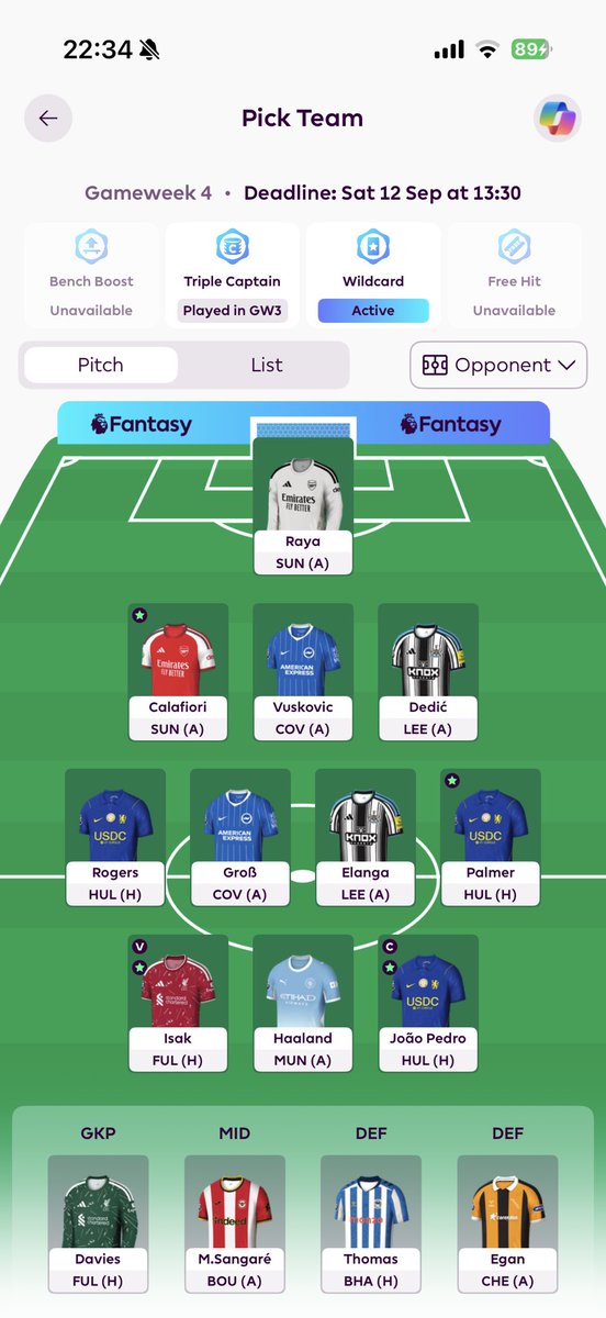 kakspool's tweet photo. @AIFPLManager Hey, can you rate my GW4 Wildcard? What are the strengths and weaknesses of the team, and where would you see upgrade potentials for sacrifices in certain areas with the current money availability and player potential? https://t.co/FmGeCvQqXA